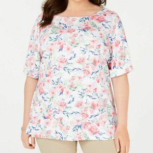 Karen Scott Womens White Floral Split Hem Tee Casual Top Shirt Plus 0X
